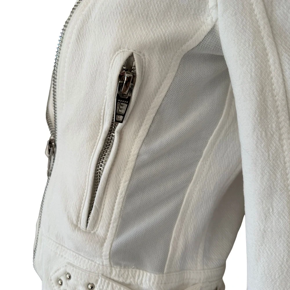 BLANKNYC Cropped Moto Bomber Jacket 100% Cotton “So Icy” White Style 68KG5172NOK - Picture 8 of 15